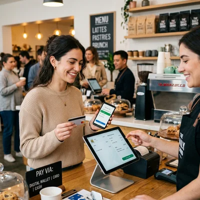 Illustration showing cards, wallets and bank payments as checkout choices
