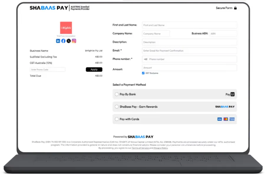ShaBaas Pay branded payment page shown on a laptop